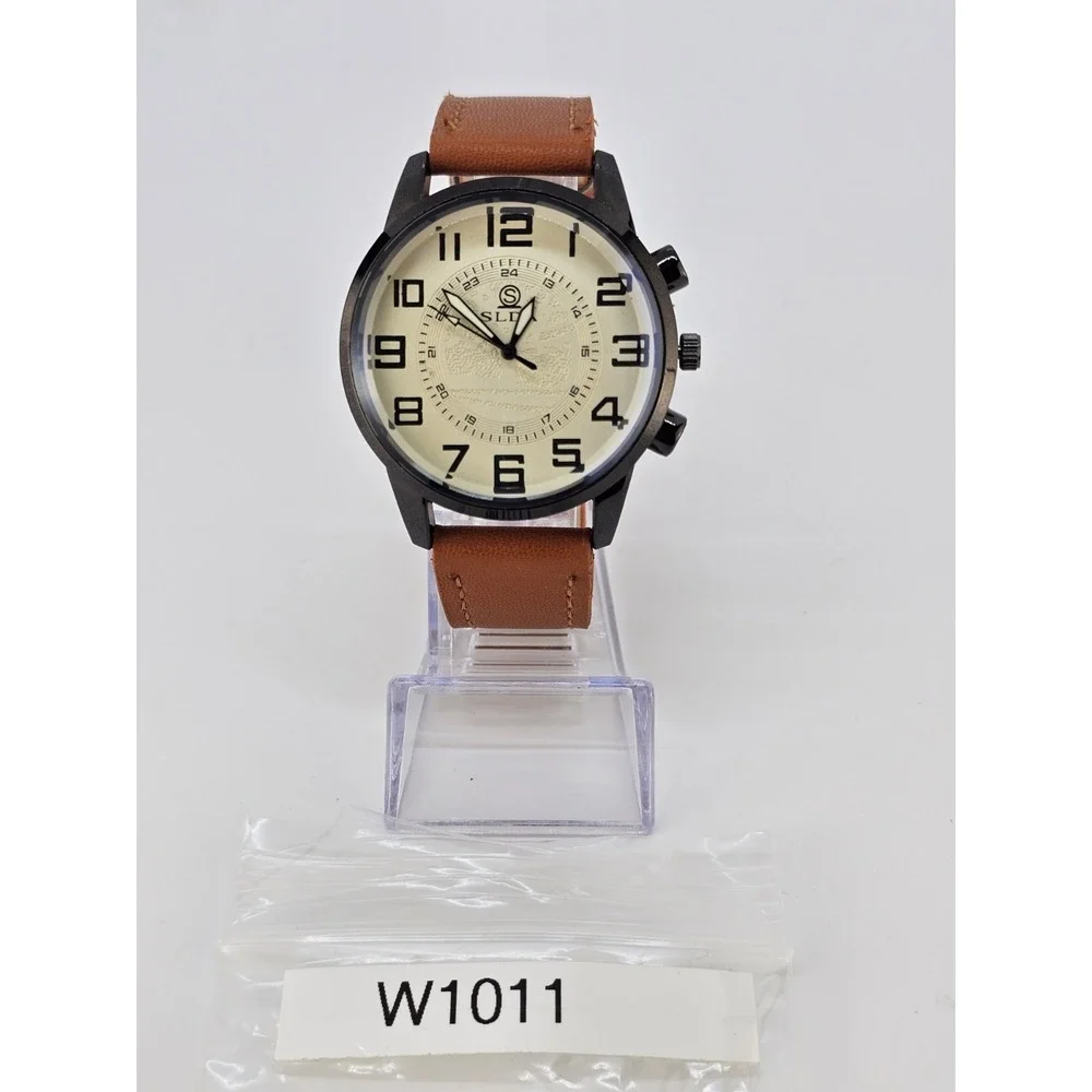 Men's Analog Watch 45MM Cream Dial Light Brown Faux Leather Bands New‎ Battery